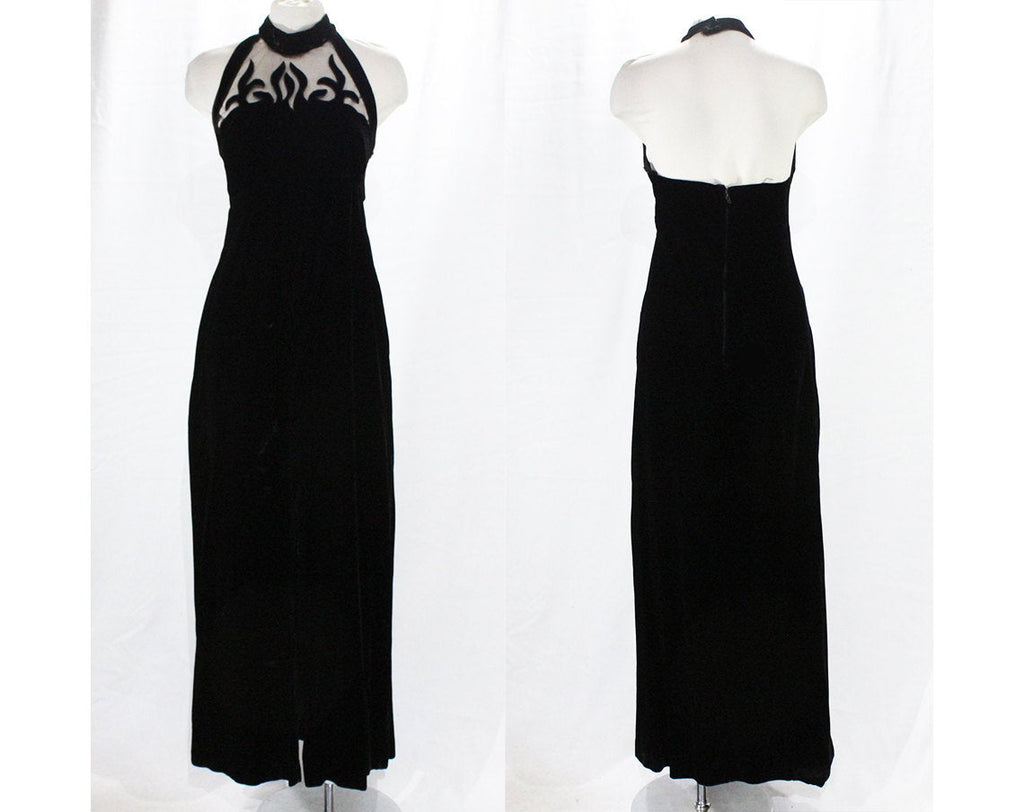 Size 4 Velvet Dress - Glamour Girl Black Halter Evening Gown with Net Neckline - Retro Hourglass Pin Up Style - Bare Back - Bust 33 - 24784