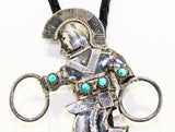 Turquoise & Sterling Silver Bolo Tie with Native American Hoop Dancer - Men's 1940s Western Jewelry - Southwestern Ritual Ceremony Dance