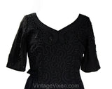 Large 1950s Black Cocktail Dress - Size 12 Marilyn Style Fitted Hourglass with Swag - Hand Strung Beaded Fringe - 50s NOS - Waist 31.5