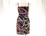 Size 6 Sun Dress - 1990s Black & Rainbow Novelty Print Cotton - 90s Colorful Summer Dress - Sexy Strappy Criss Cross Back - Bust 33.5