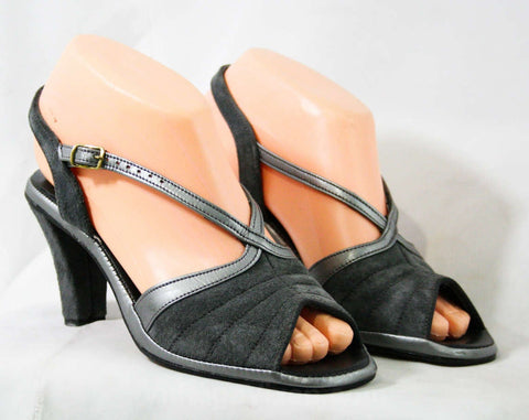 Size 6 Deco Style 70s Sandals - Metallic Silver & Gray Suede 1970s Shoes - 70's Deadstock - Peep Toe - Slingback - Hush Puppies - 43217-1