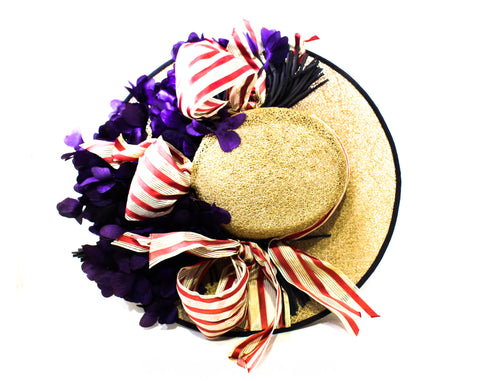 1940s Straw Picture Hat with Violet Flowers & Pink Striped Ribbon - 40s Spring Wide Brim Millinery - Estate of Hollywood Star Gladys Glad