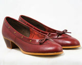 Size 7 W Leather Shoes - Beautiful Quality Pumps - Fine Oxblood Brown Leather - Brass Studs & Bow - Stacked Wood Heels - Preppy Deadstock