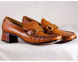 Size 7 Leather Loafers - Unworn 60s Shoes - 1960s Mod Casual Loafers - Slick Caramel Brown Textured - Kitsch Preppie 60s Deadstock - 46975-2