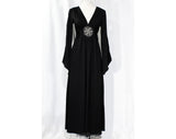 Size 6 Hippie Black Dress - Bohemian 70s Polyester Knit with Peek A Boo Bare Midriff Waist Medallion - Slit Long Angel Sleeve - Bust 33.5