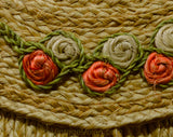 1940s Summer Purse - 40s Braided Jute Resort Handbag with Pink & Green Raffia Flowers - Natural Dyed Envelope Clutch - Artisan Made Bag
