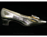 1960s Glam Gold Pumps - Size 6 Shoes - 60s Low Heels - Metallic Gold Vinyl - Buckled Bow - Cocktail Hour - Unworn - 6M Deadstock - 43166-1