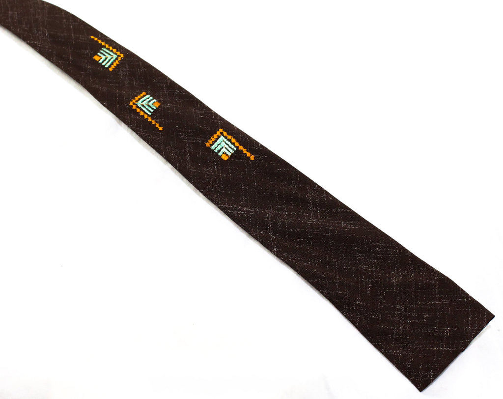 Rockabilly Men's 50s Square End Tie - Brown Summer Rayon Print 1950s Necktie - Collegiate Style with Green & Orange Geometric Embroidery