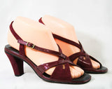 Size 7 Deco Style 70s Sandals - Two Tone Metallic Burgundy Purple Red & Suede 1970s Shoes - Deadstock - Peep Toe - Flapper Style - 43207-1