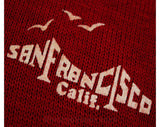 Men's Medium Sweater - 1970s San Francisco California Knit Top - Red V Neck Mens 70s Pullover - Long Sleeved American Souvenir - Chest 43