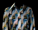 Size 6 70s Shirt - 1970s Terraced Garden Floral Print - Blue Red Yellow Green - Small Casual Long Sleeve Top - NWT Deadstock - Bust 33.5