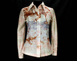 Size 6 Disco Shirt - 1970s Landscape Trees Scene Print Top by Loubella - Small Long Sleeved 70's Blouse - Pink Purple & Rust - Bust 34