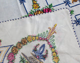 Magnificent Linen Tablecloth & Eight Matching Napkins - 1930s 40s Formal Dinner Embroidered Linens - Roses in Baskets Flourish Cross Stitch
