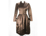 Size 8 Designer Cocktail Dress - 1970s Mod Chocolate Brown Satin with Couture Finishing - Zip Front - Larry Aldrich - Waist 27
