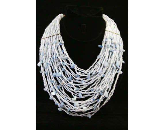Elegant Resort Style Blue Shells Bib Necklace - Summer 1970s 80s Mermaiden Jewelry - Many Strands - Layers - Resort Chic - Shell - 40110-1