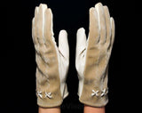 1960s Taupe Vinyl Gloves with Four Leaf Accents - Pair Beige Neutral Gloves - Faux Leather & Cotton Jersey Knit - Marked 6 1/2 to 7 1/2