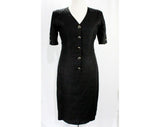 Size 12 Valentino Linen Dress - Beautiful Black Short Sleeve 80s Sheath - Made in Italy Miss V Label - Large Spring Summer - Bust 40.5