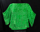 Large 1930s Style Top - Green Burnout Devore Velvet - 20s 30s Flapper Look Blouse - Deco Floral Blouson Shirt - Size 14 to 16 - Bust to 47