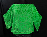 Large 1930s Style Top - Green Burnout Devore Velvet - 20s 30s Flapper Look Blouse - Deco Floral Blouson Shirt - Size 14 to 16 - Bust to 47