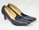 Size 7.5 Navy Shoes - Unworn 1950s 1960s Dark Blue Heels - 60s Deadstock - Leather & Pick Stitching by Cotillion - 7 1/2 AA Narrow - 49167