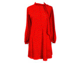 XL 1980s Red Dress - Art Deco Bubble Print Tent Dress - Size 18 Full Flared Breezy Shift - Tied Collar - Long Sleeve Casual A-Line - Bust 46