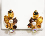 1950s Brown Rhinestone Earrings - Fall Art Glass 50s Clips by Kramer - Foiled Gold - Faux Pearls & Root Beer - Beautiful Burst Style - 50438