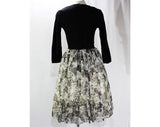Size 6 Party Dress - 1950s 60s Black Crepe Bodice & Gray Roses Bouffant Skirt- Fuchsia Rose Accent with Black Velvet Bow - Waist 25.5