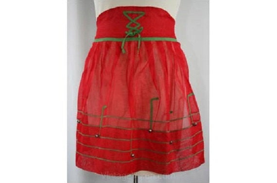 1950s Red Holiday Apron with Jingle Bell Music Notes - Christmas Colors - Half Apron - Lace Up Look Waist - Novelty - Red & Green - 30244-1
