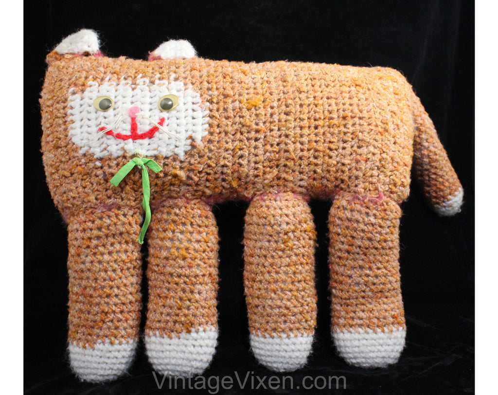 1960s Cat Stuffed Animal - Kooky Kitsch 60s Hand Crochet Stuffie - Orange & White Yarn with Googly Eyes - Funny Casual Rec Room Craft Kitty