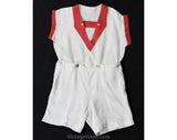 Girls 1930s Romper - Size 5 Authentic 30s Linen Play Outfit - Red & White Girl's Short Sleeve Summer Playset - Art Deco Clothes - Chest 29