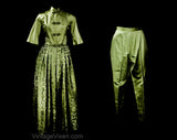Size 4 1950s Hostess Jacket & Pant Set - Amazing Grand Dame 50s Asian Formal Ensemble - Sage Green Silk Satin - Mandarin Collar - Waist 25