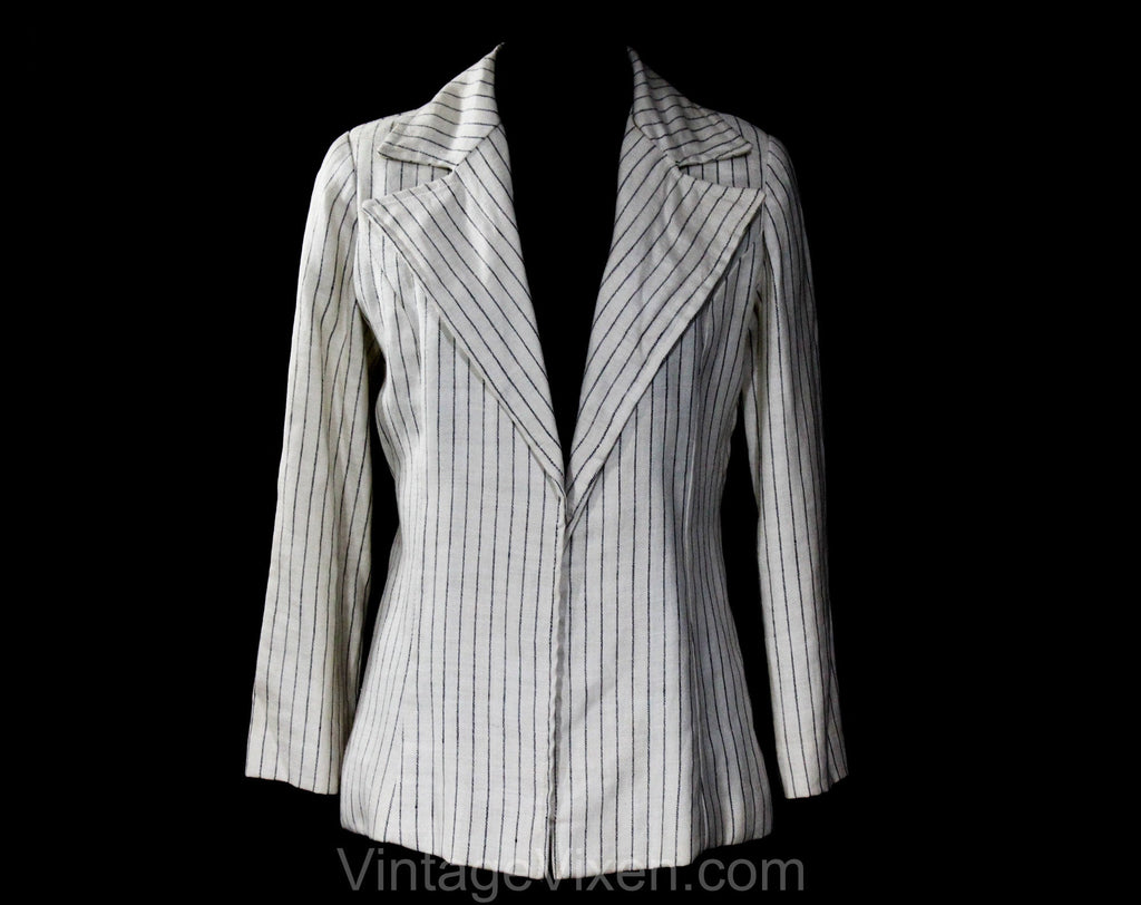 Size 8 Pinstriped Blazer - 1970s Natural Linen Suit Jacket - Spring Summer White & Black Pin Stripes - 70s Office Separates - Bust 36