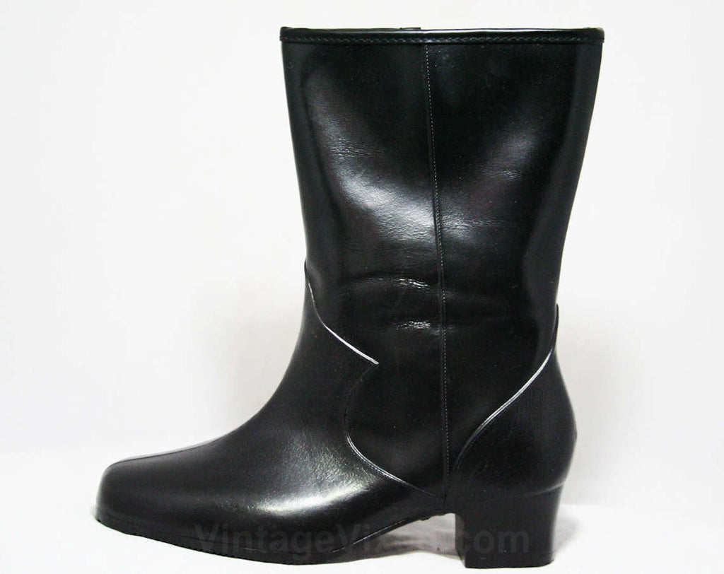 Size 6 WW Black Boots - Victorian Inspired - Authentic 50s Deadstock - Waterproof Vinyl Fleece Lined Winter - 50s Wide Width Ladies Shoe