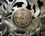 1950s Sterling Belt Buckle with Aztec Calendar & Silver Leather Belt - Size Large 14 to 18 - Western 50s Boho Rodeo - Guadalajara Mexico