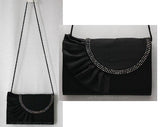 Glamour Girl 1990s Black Satin Bag with Rhinestones - 90s Formal Shoulder Purse - Long Strap - Skinny Strap - Disco Nightclub - 37754
