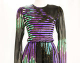 Reserved for E - Size 6 Hanae Mori Dress - Artsy 1980s Designer Cocktail - Gorgeous Purple Teal Blue & Emerald Black Satin Chiffon - Bust 34
