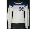 Size 6 Ski Sweater - Cool Retro Snowflake Motif Pullover - Winter Modernist 1980s Scandinavian Look - White Blue Purple - Bust 33 - 33497
