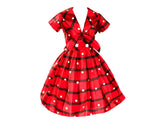Size 6 1950s Dress - Red Polka Dot Plaid Summer Frock - Fitted Bodice & Full Skirt - 50s Black Tartan Silk Blend Dress - NWT - Waist 26