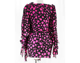 Size 12 Polka Dot Silk Shirt - Designer Pink & Black Print Top - Bow Tied Shoulder and Open Sleeve with Sash - 1990s Dan DeSantis Deadstock
