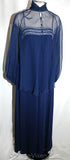 Size 4 Formal Dress - Navy Beaded Jersey 1970s Evening Gown & Overlay - Small Strappy Dark Blue with Bandeau Neckline - Bust 32.5 - 31623-1