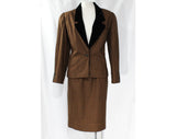 Size 12 Brown Wool Suit with Plush Black Velvet Collar - Designer Oscar de la Renta Jacket & Skirt - Autumn Fall Check Suiting - Waist 30.5