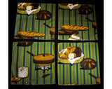 Set 6 Fondue Party Cloth Napkins - 1960s 70s Novelty Print Cotton - Fondue Pot & Fork - Cheese and Bread - Avocado Green Blue Brown - 49859