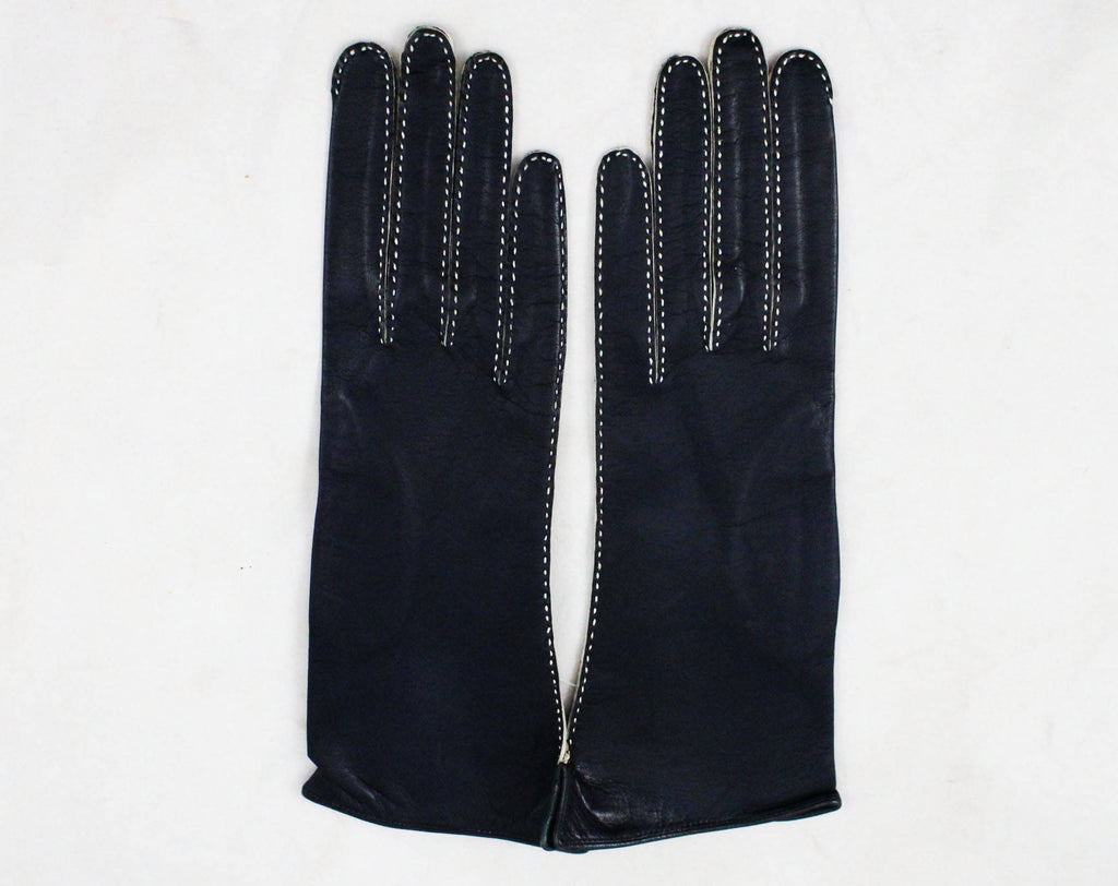 Navy Leather Gloves with Pick Stitching - Size 5 1/2 Sophisticated Wrist Length Pair 1950s Kid Gloves - White & Dark Blue - Mint Condition