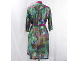 Size 8 Tropical Dress - Designer 80s Macaw Birds Novelty Print Cotton Gauze - Orchid Purple Sea Green - Resort Chic Louis Feraud - Waist 30