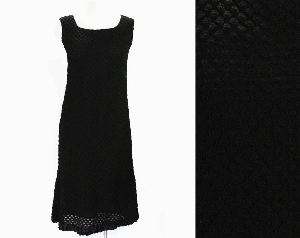 Size 6 Black Dress - 1960s Sleeveless LBD Sheath - Openwork Knit - Fully Lined - Antique Inspired Textured Dimensional Knit - Bust 37