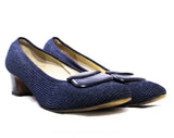 Size 8 1960s Ferragamo Shoes - Navy Blue Summer Pumps with Leather Trim - Raffia Style Weave 60s Resort Chic - Made In Italy - 1 3/4" Heel