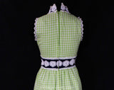 Size 2 Lime Gingham Dress - 60s 70s Sleeveless Empire Summer Gown - Spring Green & Navy Blue Cotton Maxi Dress - White Daisy Lace - Waist 24