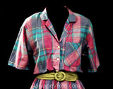 Size 6 DVF Summer Dress & Belt - 1980s Diane von Furstenberg Pink and Turquoise Blue Cotton Plaid Shirtwaist - Breezy Resort Chic - Bust 34