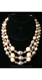 Fawn & Gray Pearls Triple-Strand Necklace - Beige Grey 1950s Office Jewelry - Secretary Elegance - Pretty Filigree - Cut Glass - 38398-1