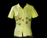 Size 6 McMullen Blouse with Butterfly Appliques - 1950s Yellow Fine Linen Top - Short Sleeved 50s Butterflies Shirt - Beautiful! - Bust 34
